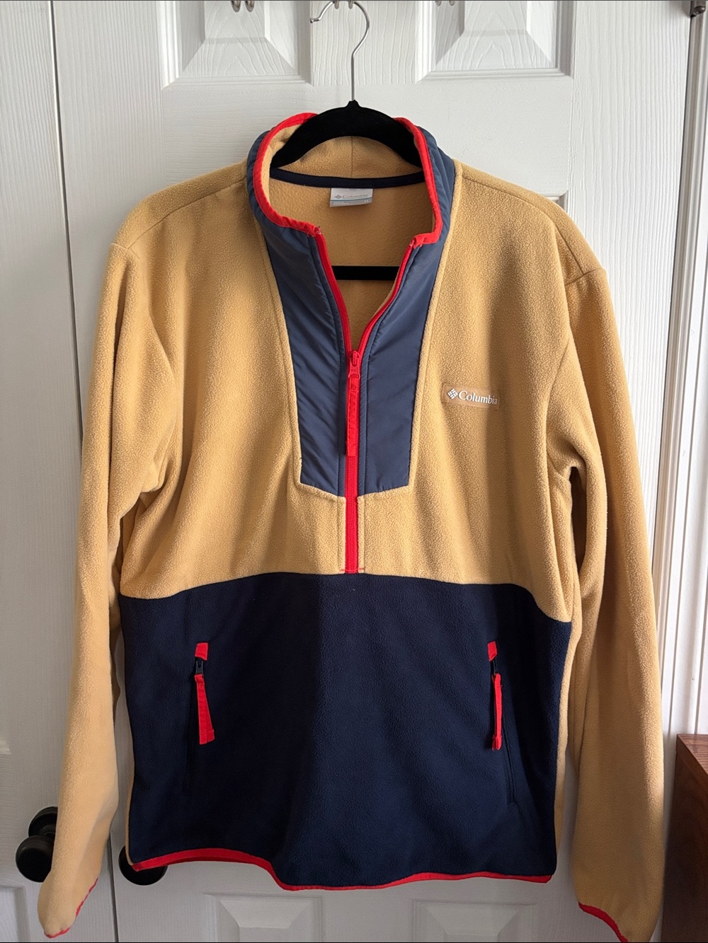 Columbia Men’s Two-Tone Quarter-Zip Fleece — Tan, Navy & Red Trim